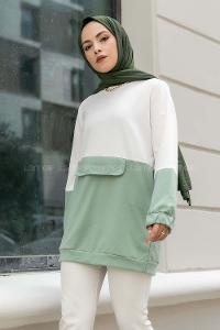 Modalamelif Renk Garnili Kol Lastikli Sweat Çağla Yeşili