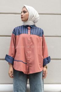 Modalamelif Şerit Çizgi Desenli Önü Boydan Düğmeli  Gömlek Gül
