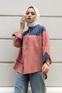 Modalamelif Şerit Çizgi Desenli Önü Boydan Düğmeli  Gömlek Gül