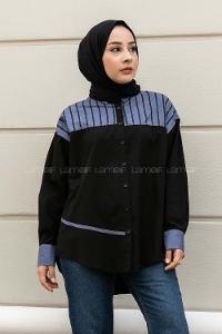 Modalamelif Şerit Çizgi Desenli Önü Boydan Düğmeli  Gömlek Siyah