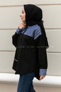 Modalamelif Şerit Çizgi Desenli Önü Boydan Düğmeli  Gömlek Siyah