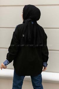 Modalamelif Şerit Çizgi Desenli Önü Boydan Düğmeli  Gömlek Siyah