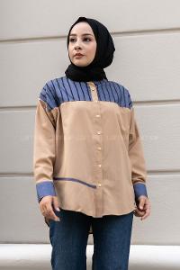 Modalamelif Şerit Çizgi Desenli Önü Boydan Düğmeli  Gömlek Sütlükahve