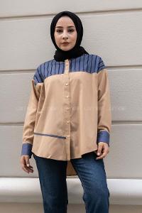 Modalamelif Şerit Çizgi Desenli Önü Boydan Düğmeli  Gömlek Sütlükahve