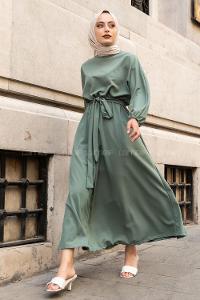 Modalamelif Yara_sa Kol Beli Kuşaklı Elbise Çağla Yeşili
