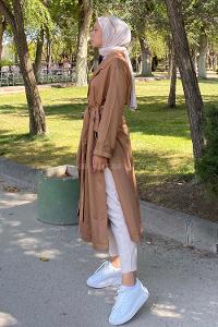 Modalamelif Beli Kuşak Bağlamalı Düğme Detaylı Trenç Camel