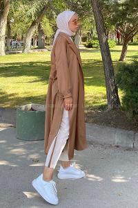 Modalamelif Beli Kuşak Bağlamalı Düğme Detaylı Trenç Camel