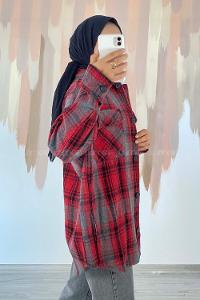 Modalamelif Çift Kapak Cepli Önü Boydan Düğmeli Oduncu Gömlek Kırmızı