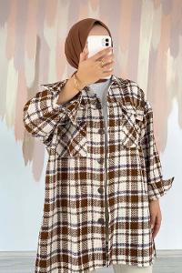 Modalamelif Ekose Desen Çift Cepli Önü Boydan Düğmeli Ceket Kahverengi