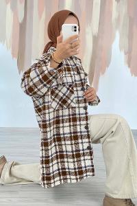 Modalamelif Ekose Desen Çift Cepli Önü Boydan Düğmeli Ceket Kahverengi