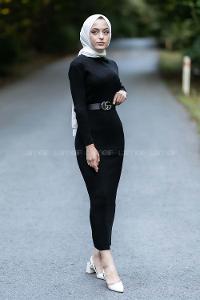 Modalamelif Fitilli Boğazlı Triko Elbise Siyah