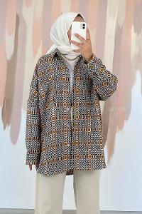 Modalamelif Kilim Desen Tek Cepli Önü Boydan Düğmeli Ceket Camel