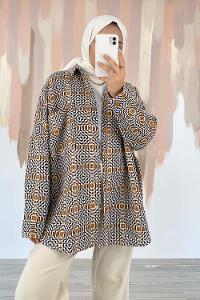 Modalamelif Kilim Desen Tek Cepli Önü Boydan Düğmeli Ceket Camel