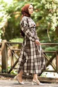 Modalamelif Oduncu Ekose Mevlana Model Elbise Bej