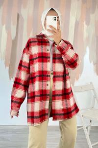 Modalamelif Önü Boydan Düğmeli Büyük Kareli Oduncu Gömlek Kırmızı