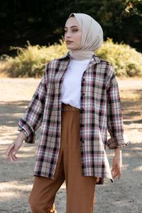 Modalamelif  Önü Boydan Düğmeli Oduncu Ekose Gömlek Camel