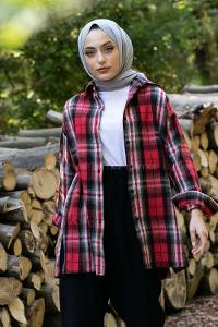 Modalamelif Önü Boydan Düğmeli Oduncu Ekose Gömlek Kırmızı