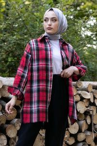 Modalamelif Önü Boydan Düğmeli Oduncu Ekose Gömlek Kırmızı