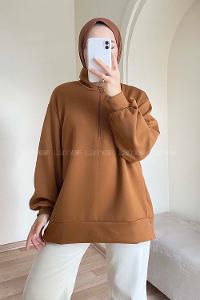 Modalamelif Önü Yarım Fermuarlı Oversize Sweat Camel