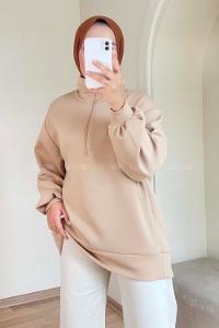 Modalamelif Önü Yarım Fermuarlı Oversize Sweat Sütlükahve