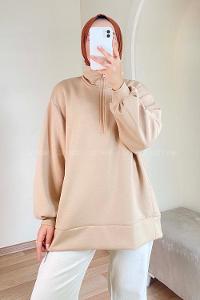 Modalamelif Önü Yarım Fermuarlı Oversize Sweat Sütlükahve