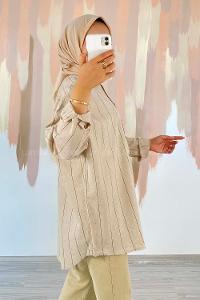 Modalamelif ÖnüBoydan Düğmeli Çizgi Desenli Keten Gömlek