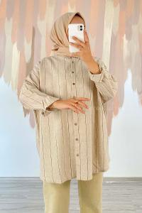 Modalamelif ÖnüBoydan Düğmeli Çizgi Desenli Keten Gömlek