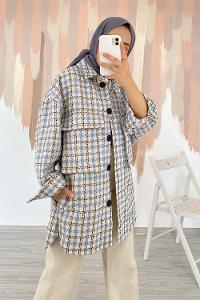 Modalamelif Oversize Körük Çift Cepli Kare Desenli Ceket Açık Mavi