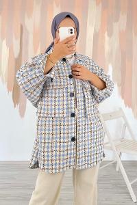 Modalamelif Oversize Körük Çift Cepli Kare Desenli Ceket Açık Mavi