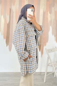 Modalamelif Oversize Körük Çift Cepli Kare Desenli Ceket Açık Mavi