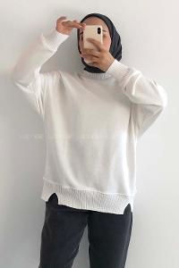 Modalamelif Bisiklet Yaka Düz Renk Desen Tonia Kazak Beyaz