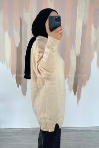 Modalamelif Bisiklet Yaka Kolu Yazı Nakış Detaylı Bertie Triko Kazak Krem