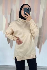 Modalamelif Bisiklet Yaka Kolu Yazı Nakış Detaylı Bertie Triko Kazak Krem