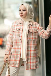 Modalamelif Ekose Desenli Çift Cepli Oduncu Gömlek Sütlü Kahve-Turuncu