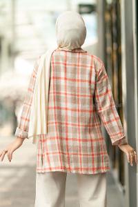 Modalamelif Ekose Desenli Çift Cepli Oduncu Gömlek Sütlü Kahve-Turuncu