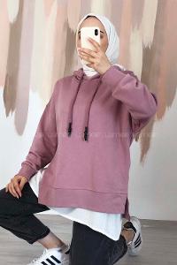 Modalamelif Etek Ucu Garnili Kapüşon Detaylı Yırtmaçlı Anabelle Sweat Gül