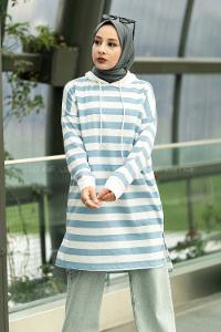 Modalamelif Kapüşon Detaylı Çizgi Şeritli Yırtmaçlı Tunik Açık Mavi