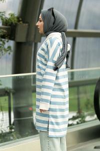 Modalamelif Kapüşon Detaylı Çizgi Şeritli Yırtmaçlı Tunik Açık Mavi