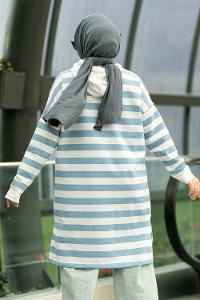 Modalamelif Kapüşon Detaylı Çizgi Şeritli Yırtmaçlı Tunik Açık Mavi