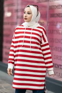 Modalamelif Kapüşon Detaylı Çizgi Şeritli Yırtmaçlı Tunik Kırmızı