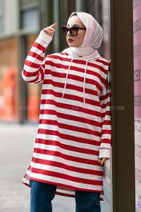 Modalamelif Kapüşon Detaylı Çizgi Şeritli Yırtmaçlı Tunik Kırmızı