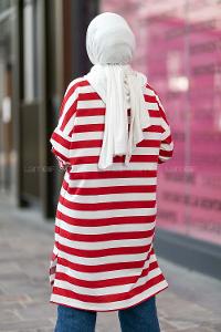 Modalamelif Kapüşon Detaylı Çizgi Şeritli Yırtmaçlı Tunik Kırmızı