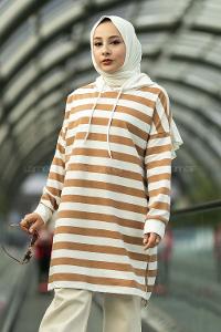 Modalamelif Kapüşon Detaylı Çizgi Şeritli Yırtmaçlı Tunik Sütlü Kahve