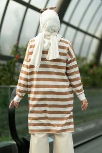 Modalamelif Kapüşon Detaylı Çizgi Şeritli Yırtmaçlı Tunik Sütlü Kahve