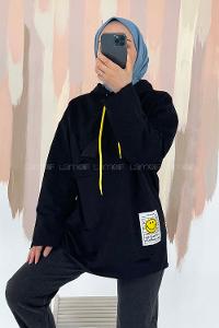 Modalamelif Kapüşon Detaylı Kesik Modelli Sweatshirt Tunik Siyah