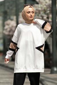 rı Renk Garnili Şerit Desenli Sweat Tunik Beyaz