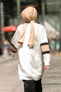 rı Renk Garnili Şerit Desenli Sweat Tunik Beyaz