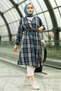 Modalamelif Oduncu Ekose Model Beli Tünel Bağlamalı Trenç İndigo-Kahve