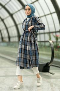 Modalamelif Oduncu Ekose Model Beli Tünel Bağlamalı Trenç İndigo-Kahve