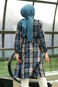 Modalamelif Oduncu Ekose Model Beli Tünel Bağlamalı Trenç İndigo-Kahve